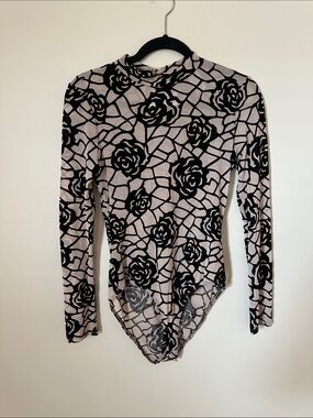 Discovery Black Rose-Print Long Sleeve Mesh Bodysuit on Nude